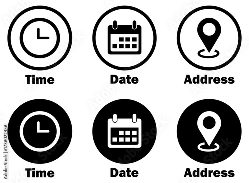 Time, date and address icon set in outline and fill style on white background. Calendar, time, clock, address, location icon set. Date, time, and location UI icon