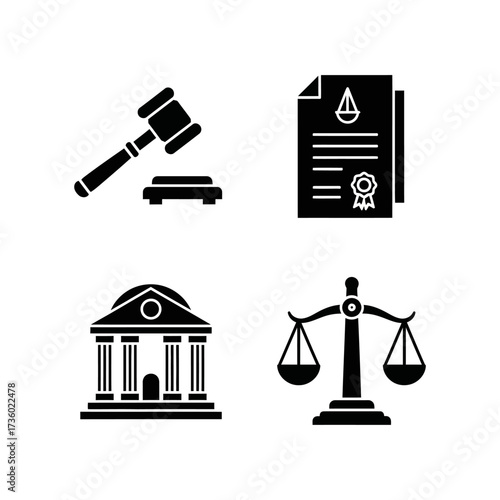 Collection of legal and justice-related icons, including a gavel, document, courthouse, and scales.