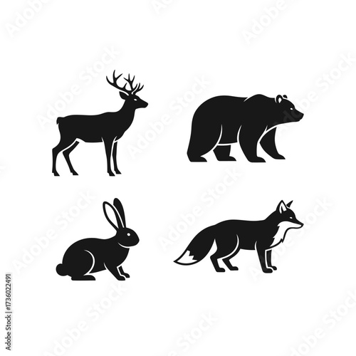 A set of four black silhouettes of wild forest animals: a deer, a bear, a rabbit, and a fox, isolated on a white background.