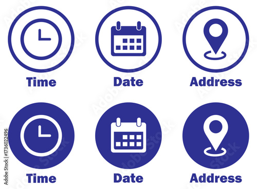Time, date and address icons in blue color on white background. Calendar, time, clock, address, location icon set.  time, date, address, location, map, pin, navigation, vector