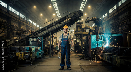 Confident Industrial Worker Standing in a Huge, Busy Manufacturing Plant
A powerful, wide-angle, full-length shot of a male industrial worker or engineer standing confidently in the center of a large
