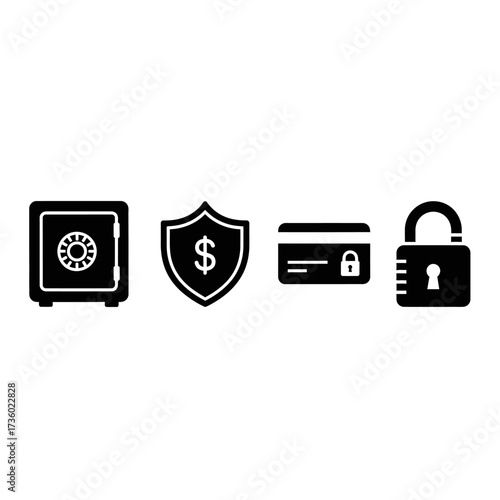 Set of black silhouette icons representing financial security, data protection, and safe transactions.