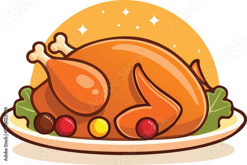 A delicious, roasted turkey or chicken on a platter, garnished with herbs. A cartoon vector illustration for Thanksgiving or Christmas dinner. Generative AI