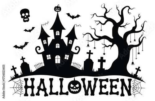 Halloween scene with haunted castle, spooky tree, bats, skull, and gravestones on white background haunted house