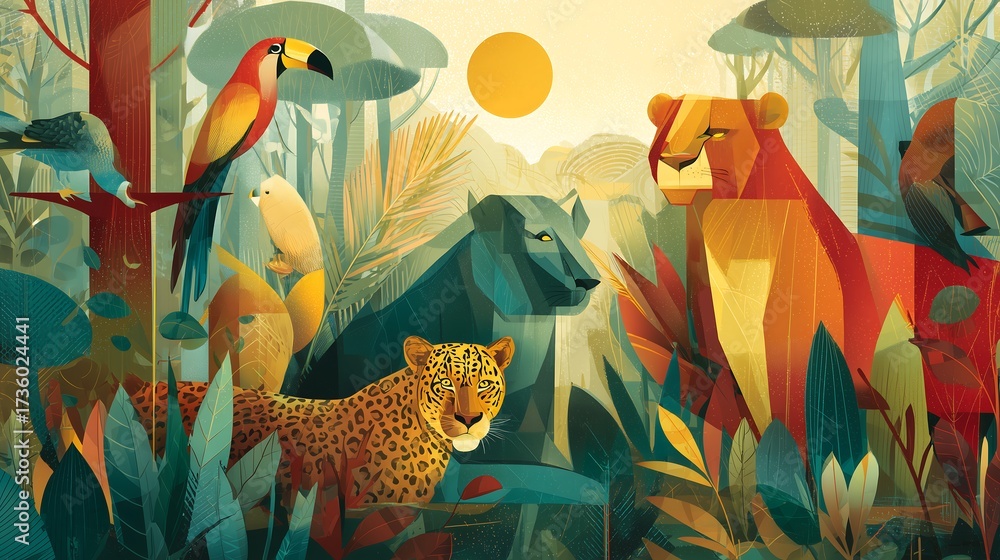 Fototapeta premium Jungle animals illustration with sun and foliage