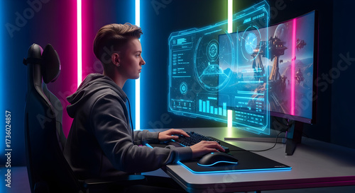 Immersive gaming setup with young man intensely focused on futuristic strategy game display.