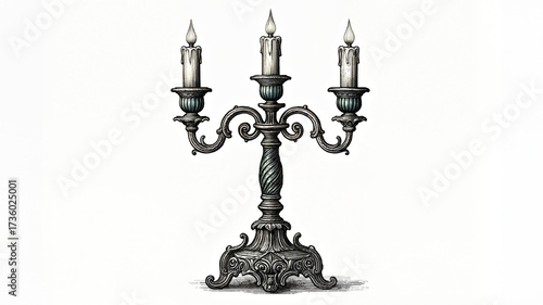 Victorian Style Engraving of Candelabra in Black Etching on Isolated White Background 
