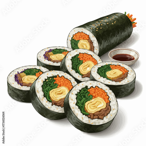 Close up of a delicious looking kimbap roll and sliced pieces