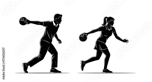 Dynamic bowling silhouettes showcase teamwork, perfect for sports promotions and active lifestyle campepsgns with a retro, classic feel and clean design elements