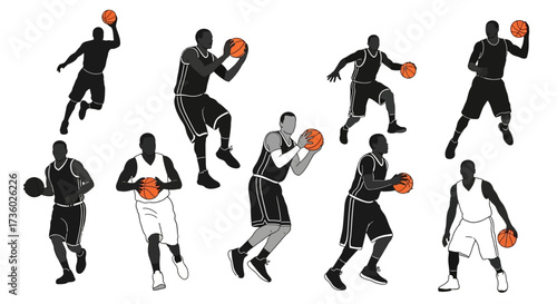 Dynamic basketball players silhouettes in action ready for your sports design, perfect for advertising, posters, and social media campepsgns