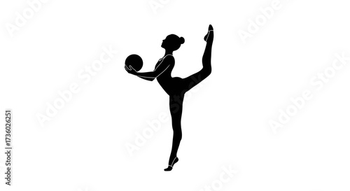 Elegant rhythmic gymnast silhouette gracefully balancing with ball for sports and fitness designs, showcasing strength and poise in minimalist style