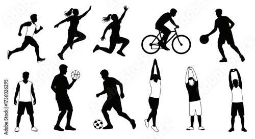 Dynamic silhouettes of athletes in action, perfect for illustrating fitness, sports, and healthy lifestyle concepts, ideal for websites and promotional materials