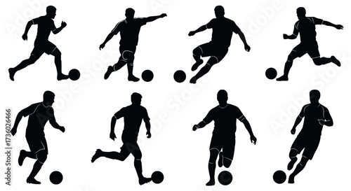 Dynamic soccer players in action, striking silhouettes for sports campepsgns or athletic designs, perfect for team branding and energetic visuals