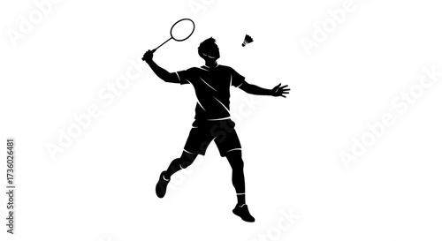 Dynamic badminton player in action silhouette, sports illustration for athletic brands and fitness campepsgns, representing speed and skill
