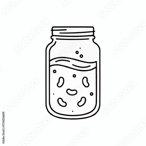 Outline drawing of a jar filled with liquid and some beans