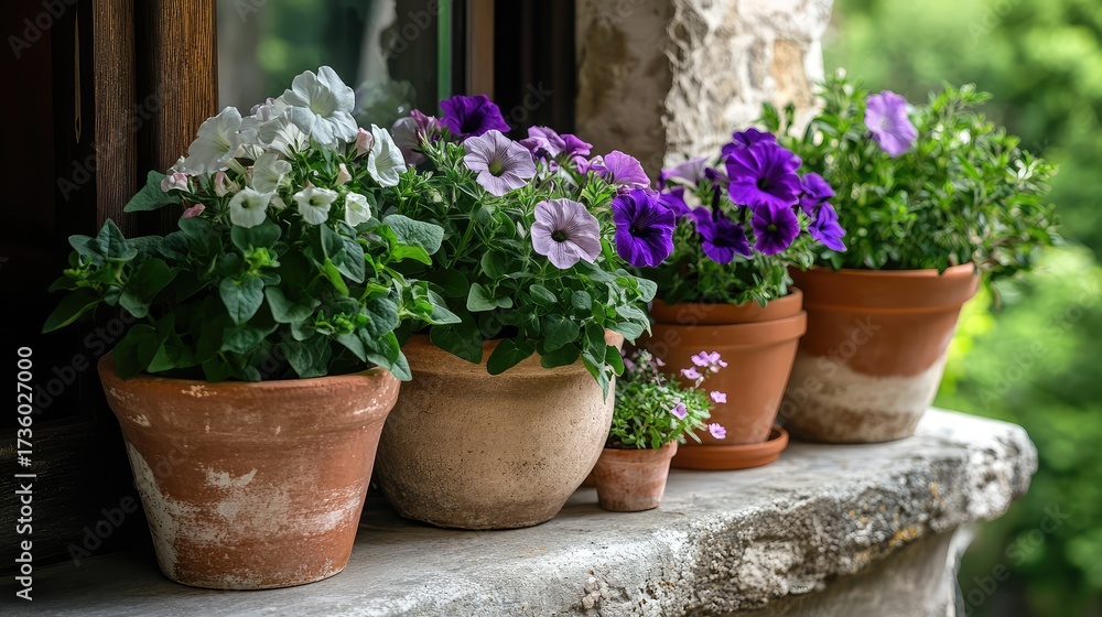 Obraz premium Colorful petunias and geraniums in terracotta pots on a windowsill