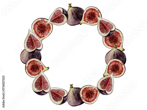 Fig watercolor frame. Fig tree fruit illustration on a white background. Food clip art. Ideal for cosmetics and dessert logos and culinary recipes.