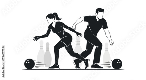 Dynamic bowling duo in action, perfect for sports promotions or leisure campepsgns - strike up some fun with this energetic scene ready for your project