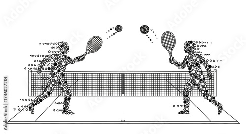 Dynamic tennis match with unique geometric design for posters and sports branding, conveying energy and movement with abstract players in action