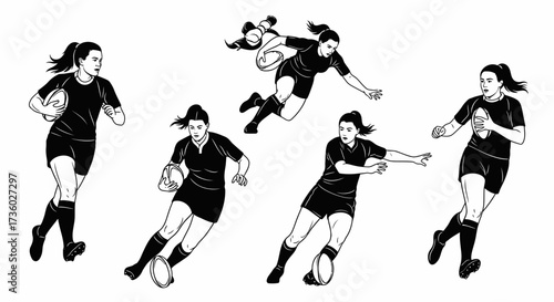 Dynamic women's rugby team in action, showcasing strength and teamwork in a modern line art style perfect for sports marketing and fitness campepsgns