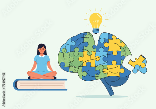 Serene illustration of a woman finding deep peace in nature, promoting mental health and wellness through mindfulness practices and self-care