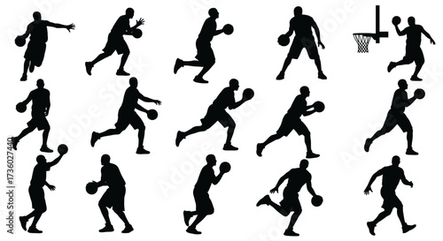 Dynamic basketball player silhouettes showcase athletic skill and teamwork for sports marketing or educational resources about basketball techniques