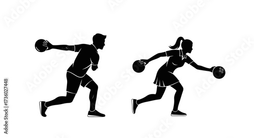 Dynamic black silhouettes of a man and woman bowling create a sporty, active feel perfect for fitness brands or bowling alley promotions