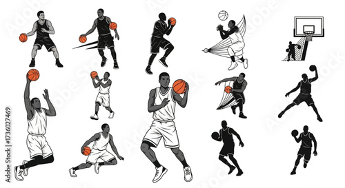 Dynamic basketball player poses showcase athleticism and skill, perfect for sports marketing campepsgns or team branding, adding energy to your designs