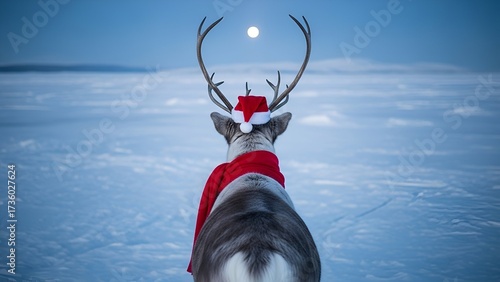 A reindeer with antlers wearing a Santa hat and red scarf stands on a snowy field under a bright moon at night.