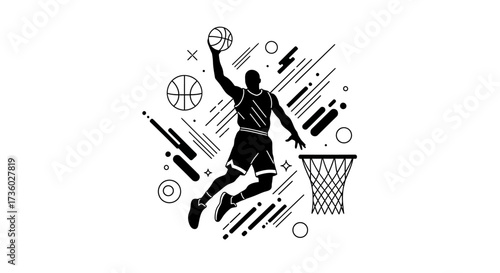 Dynamic silhouette of a basketball player soaring for a slam dunk with abstract design elements, perfect for sports branding and athletic apparel