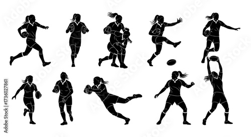 Dynamic silhouettes of female rugby players in action, perfect for sports branding and empowering athletic campepsgns with strength and motion