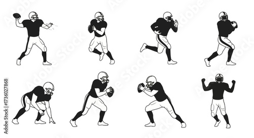 Dynamic American football player outlines in various action poses ready to score the winning touchdown, perfect for sports branding and team spirit designs