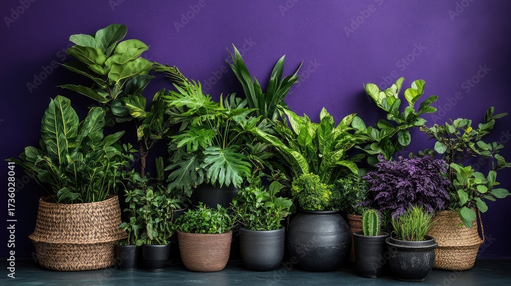 Fototapeta premium Indoor jungle vibes with a dramatic purple wall behind the plant collection