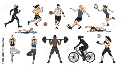 Diverse athletes showcase their skills in running, swimming, yoga, and more, embodying a healthy and active lifestyle perfect for fitness enthusiasts