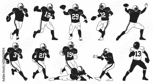 Dynamic monochrome football players in action poses ready to tackle success, offering energy for sports marketing, ideal for team branding and game promotions