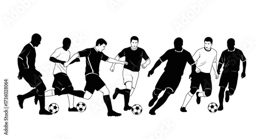 Dynamic silhouettes of soccer players dribbling and passing the ball in a competitive match, ideal for sports marketing and athletic team promotions.