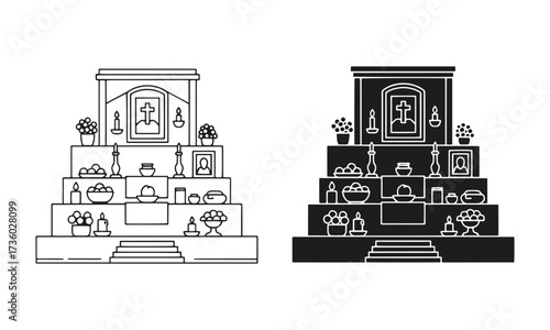 Ancestral Altar Icon in Outline and Solid Black Vector representing home altars built to honor ancestors for Souls Day