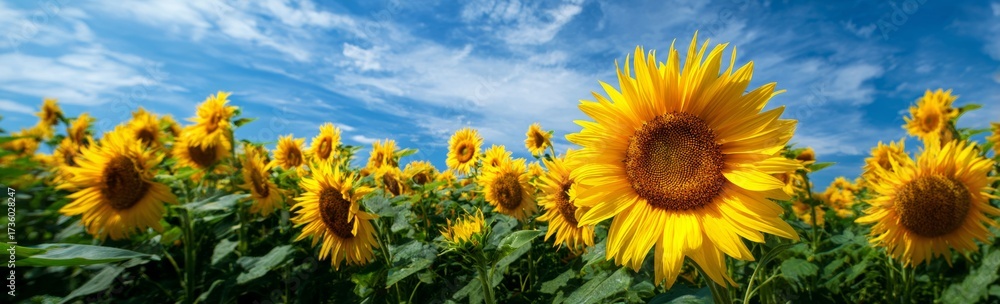 Fototapeta premium Sunflower field with a blue sky background, a summer landscape.