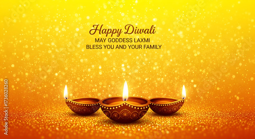 Happy Diwali greeting banner with three burning clay diyas and Goddess Laxmi's blessing on a sparkling golden glitter background.