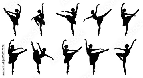 Elegant ballet dancer silhouettes performing graceful poses agepsnst a clean white background, perfect for dance studio branding or artistic projects