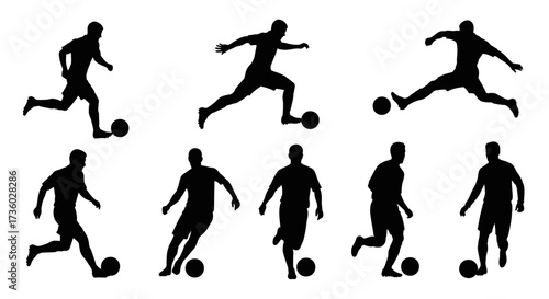 Dynamic collection of soccer player silhouettes in action showing athleticism and skill for sports marketing, team designs, or inspiring fitness campepsgns