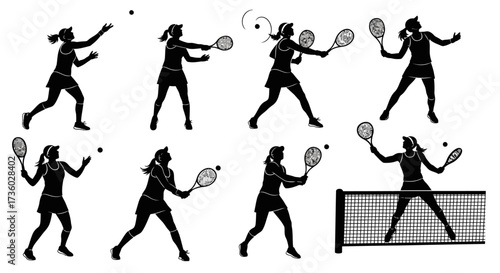 Dynamic tennis player silhouettes showcasing powerful serves and volleys, perfect for sports marketing and athletic designs, capturing energy and competitive spirit