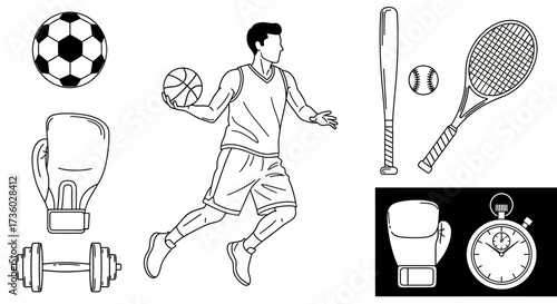 Level up your fitness game with this dynamic assortment of sports equipment and gear perfect for your next project or inspirational design