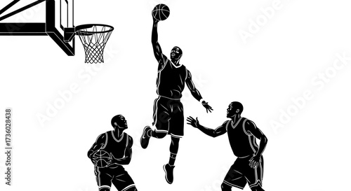 Dynamic basketball players in action, a slam dunk moment symbolizing teamwork, skill, and athletic prowess for sports marketing and motivational designs