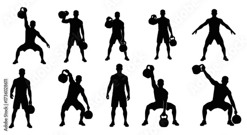 Powerful male silhouettes demonstrating dynamic kettlebell workouts for fitness and strength trepsning inspiration.