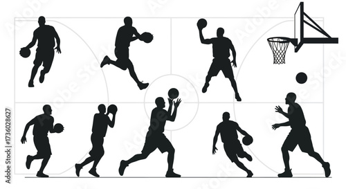 Capturing the thrilling energy of basketball, dynamic player silhouettes showcase powerful athletic moves and game-day intensity for sports enthusiasts.