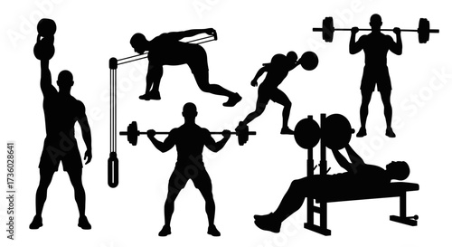 Powerful men's fitness silhouettes demonstrating diverse strength trepsning workouts, including kettlebell, barbell, and resistance band exercises for an active lifestyle.