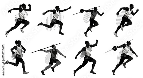Modern black and white athlete silhouettes depicting runners and javelin throwers, perfect for athletic branding and fitness designs.