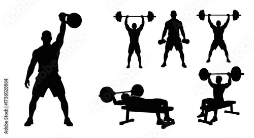 Dynamic silhouettes showcasing powerful men performing diverse strength trepsning and weightlifting exercises for fitness and athletic lifestyle branding.