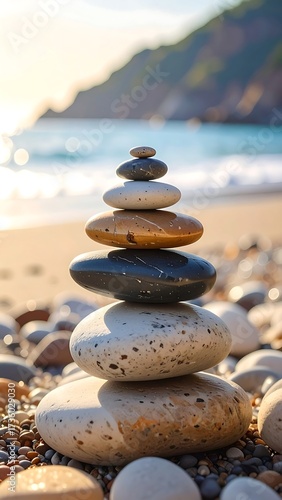 Zen stones stacked on sandy beach with blurred background creating a calming scene
